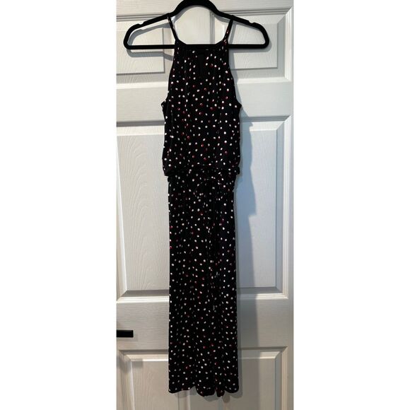 Wisp Black Jumpsuit Size 6 White & Red Polka Dots Keyhole V Neckline Belted - Picture 2 of 9